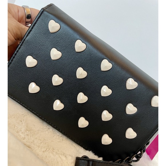 Betsey Johnson XOSYBIL Black Faux Leather Crossbody Bag White Heart Studs - Picture 6 of 11